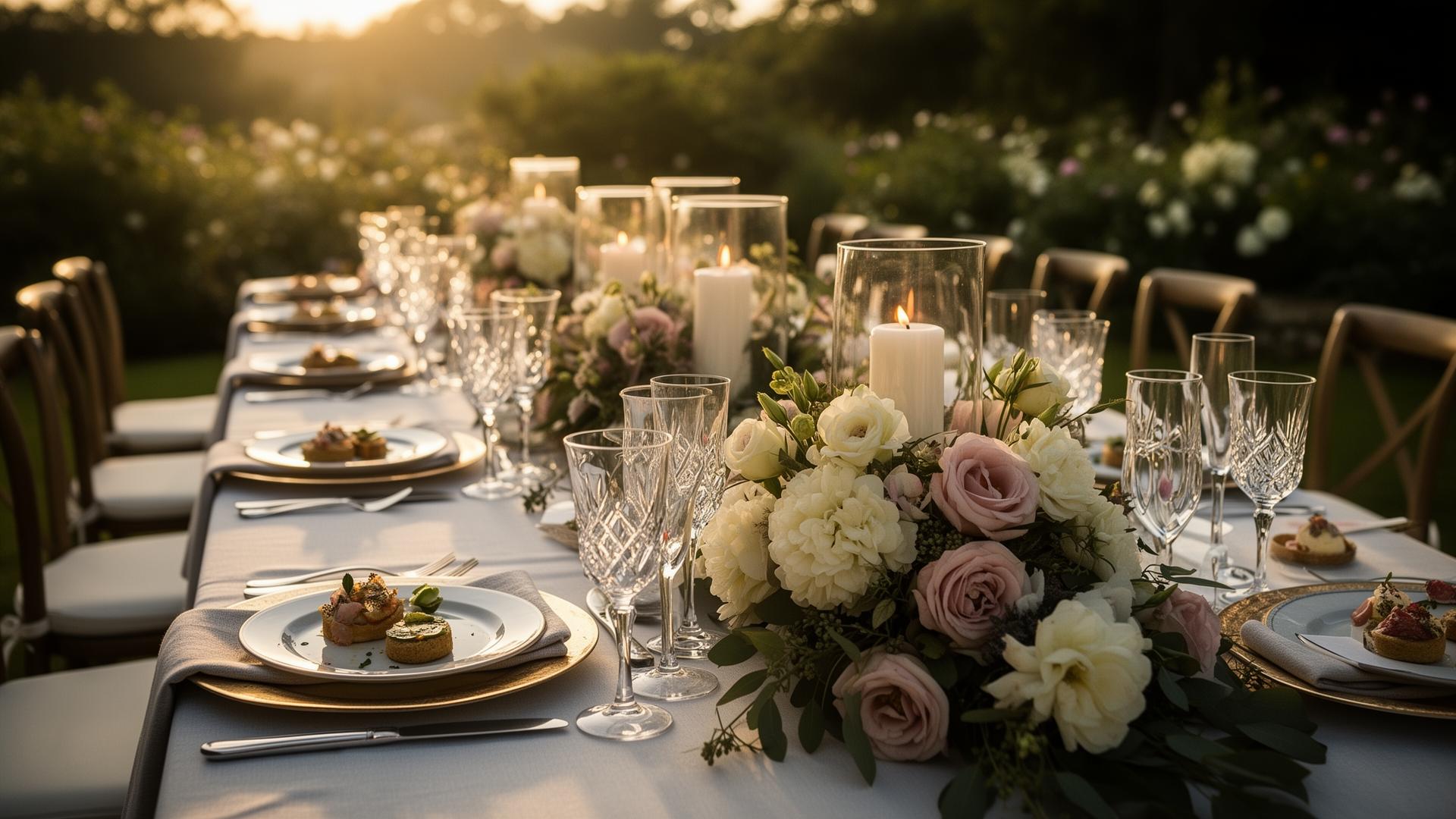Elegant banquet table with florals and champagne